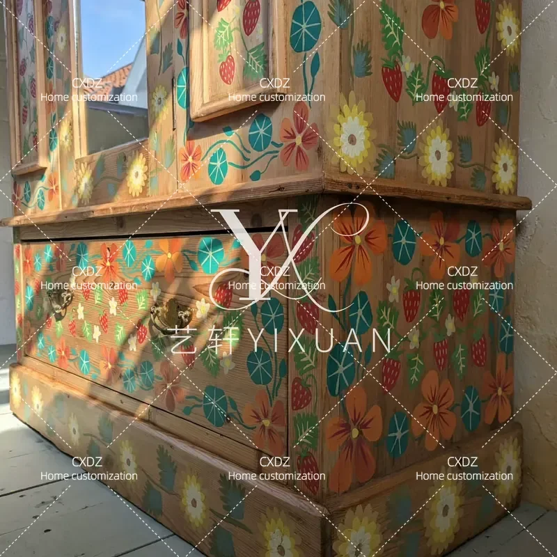 Retro Solid Wood Hand Painted Wardrobe American Old Pastoral Bedroom Locker Furniture Customizable