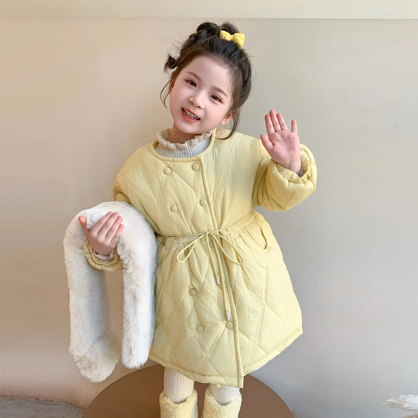Winter Children Girls Padded Outerwear Coat Solid Mid-length Jackets For Kids Girls Round Collar Thick Warm Toddler Girls Parkas
