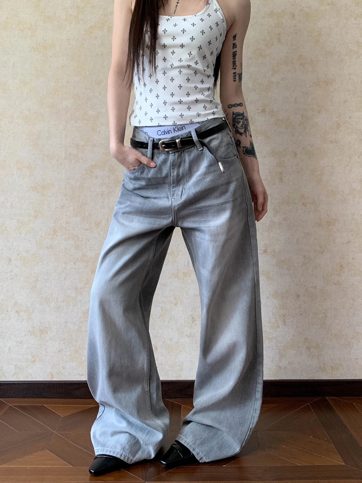 

Apocket American High Street Vintage Washed Slimming Jeans Loose Straight Leg Long Trousers Unisex Wear Resistant Cotton Denim