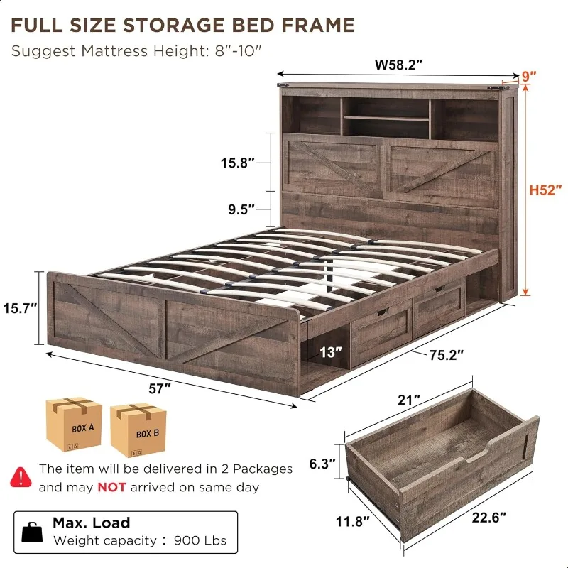 Farmhouse Full Size Wood Bed Frame with 52