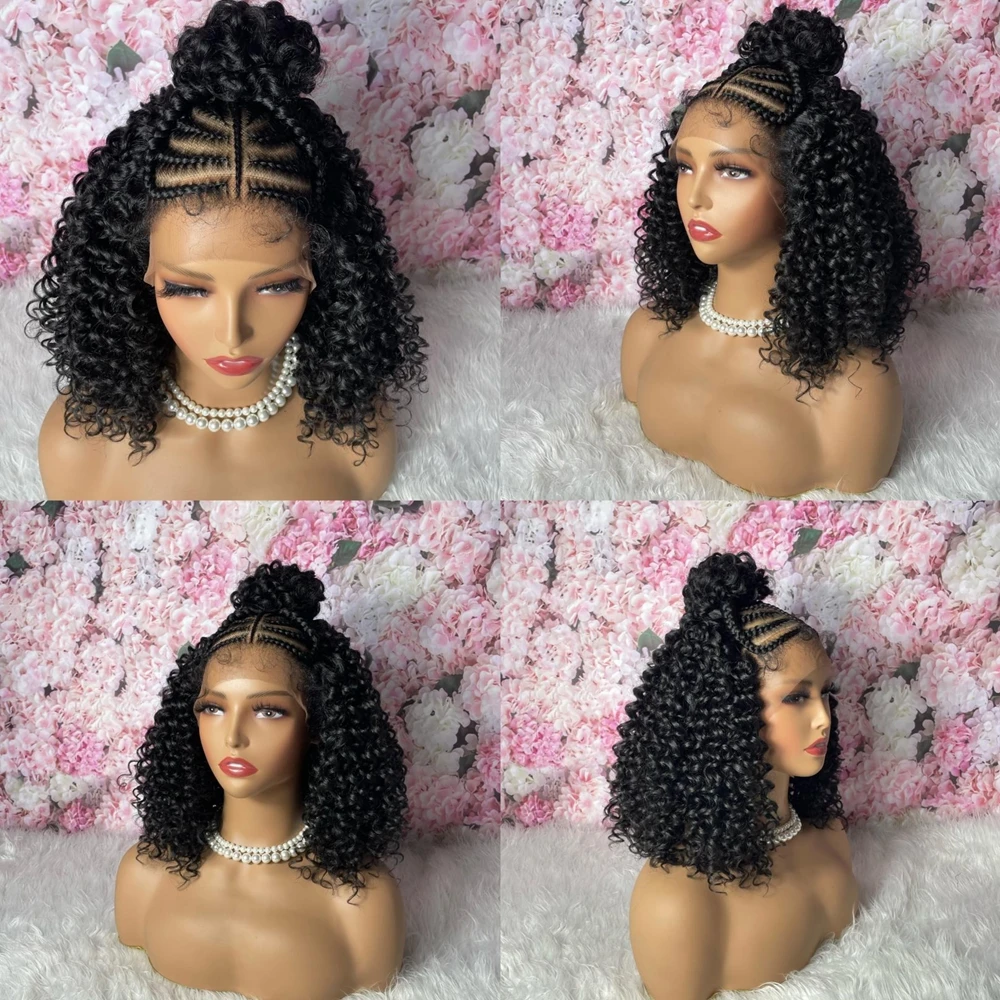 コーンロウ編み込みカーリーヘアウィッグディープウェーブ合成ヘアウィッグベビーシースルー13x6レースフロントアフロカーリーブラック女性向け