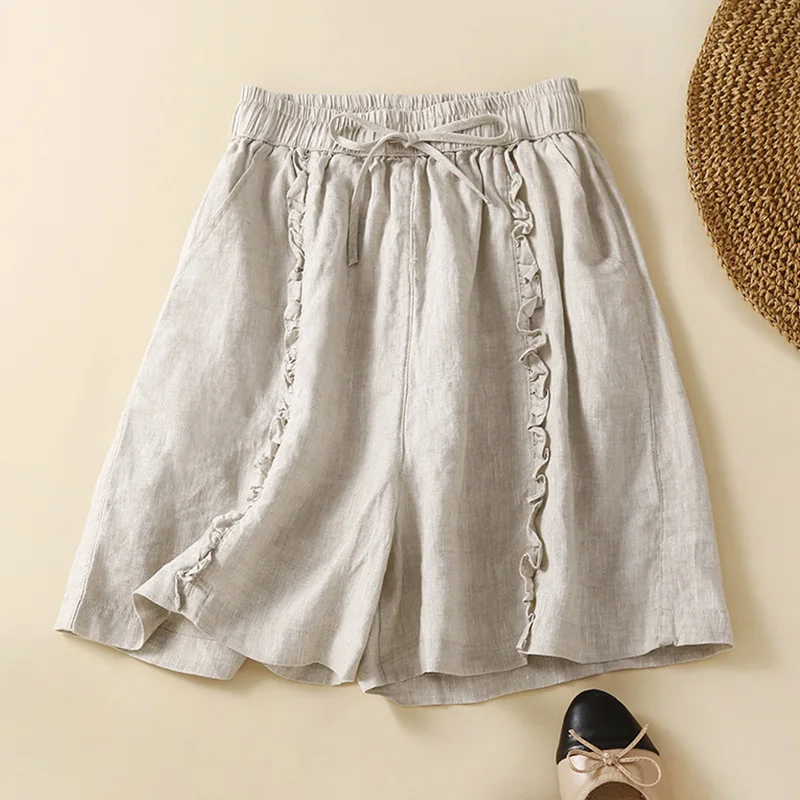 

Summer Cotton Linen Mid Waist Wide Leg Shorts for Women Solid Color Casual Straight Short Pants Vintage Loose Beach Shorts