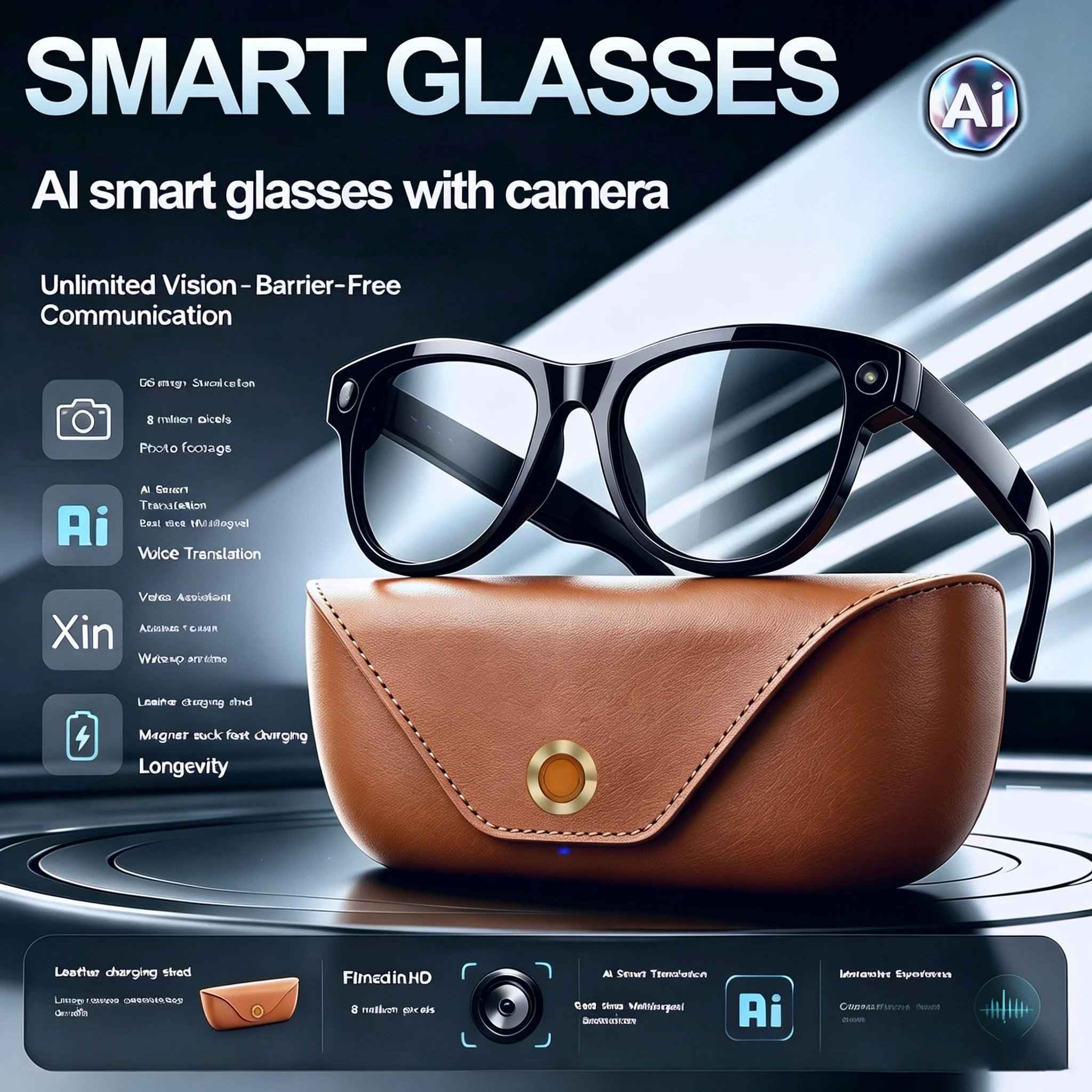  Upgrade Smart AI Glasses with Charging Case 1600W HD 8K Shooting Camera Photo Voice Call Translation Motorcycle Glasses New  ﻿