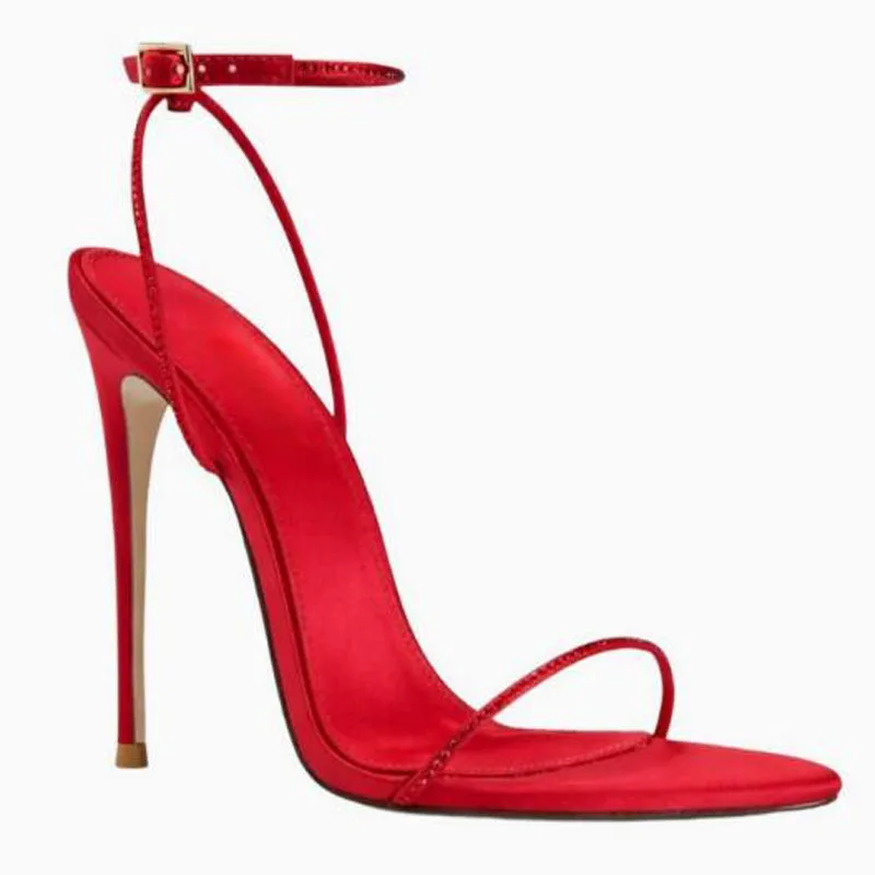 Sexy Women Red Black Crystal Rhinestone One Line Buckle Strap Sandals Pointy Open Toe Narrow Band Stiletto Heels Party Sandals