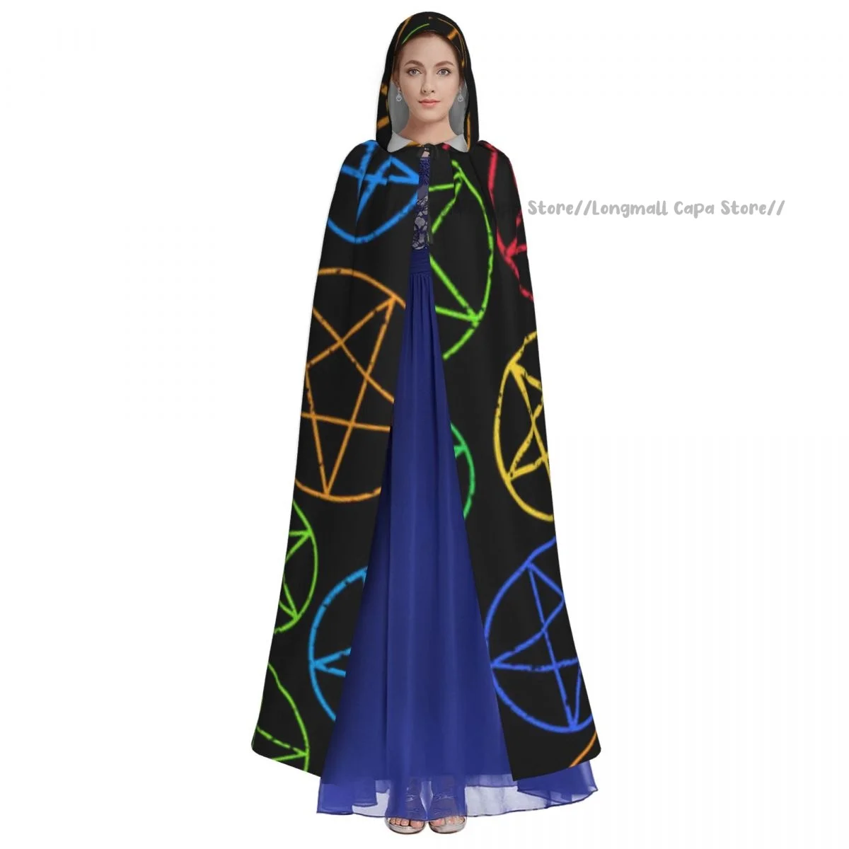 Adult Halloween Pentagrams Background Cloak Cape Hooded Medieval Costume Full Length Dress Coat