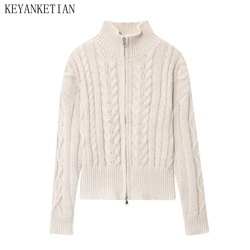 

KEYANKETIAN, осенняя новая женская одежда, воротник-стойка, молния, длинный рукав, вязаный кардиган с жареным тестом, женский свитер, пальто