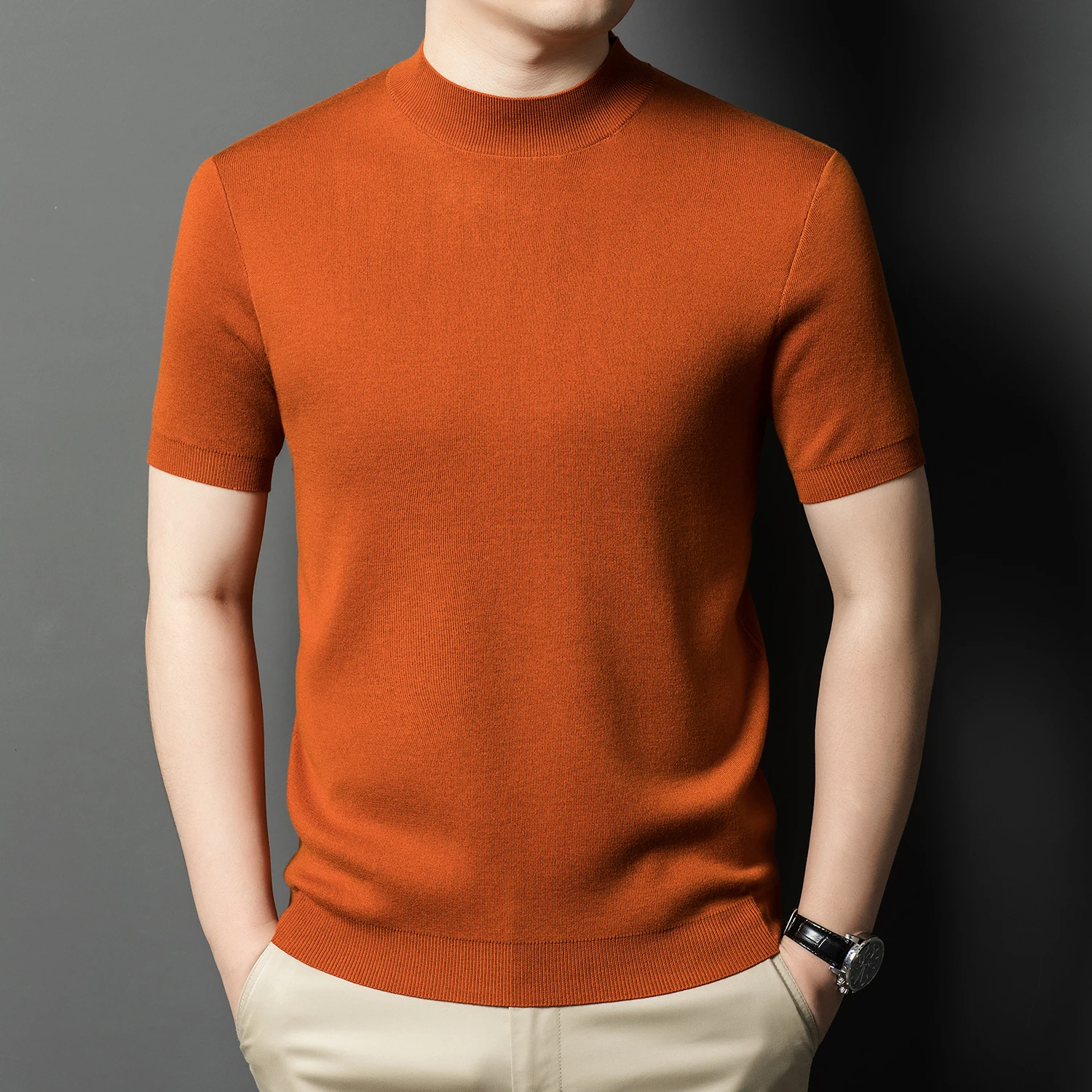 

Высококачественные топы из смеси козьего кашемира с короткими рукавами, мужские осенне-зимние толстые свитера с круглым вырезом, шелковая кашемировая трикотажная одежда с короткими рукавами