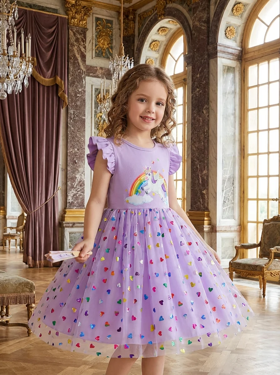 2026 Korean Style Girls Summer Unicorn Print Dress Short Sleeve Tulle Princess Gown Kids Casual Party Clothes for South Korea