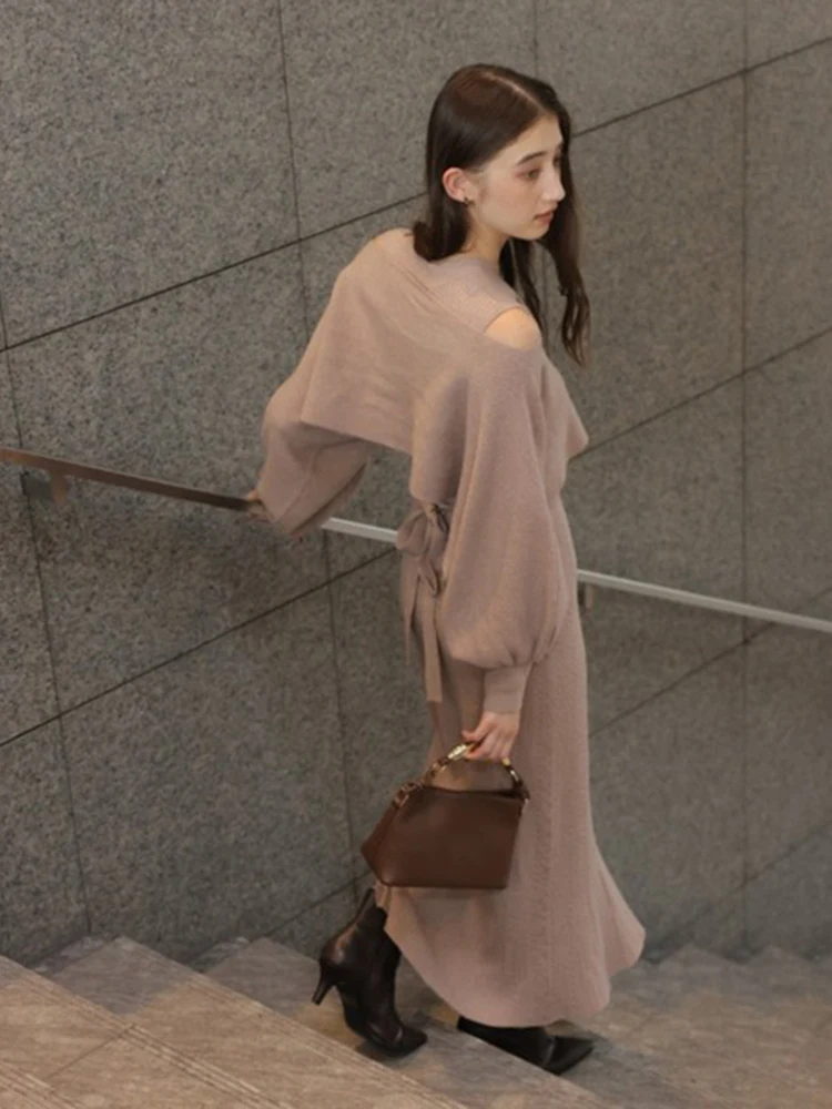 Japonês doce moda vestido de malha blusa conjunto de 2 peças outono inverno novo feminino fino ajuste elegante fora do ombro malha pulôver vestido