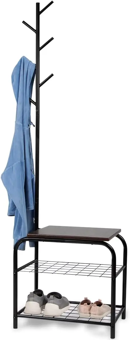 Space-Saving Hall Tree with Bench, 6 Hooks & 2 Shelves for Organized Entryway Storage