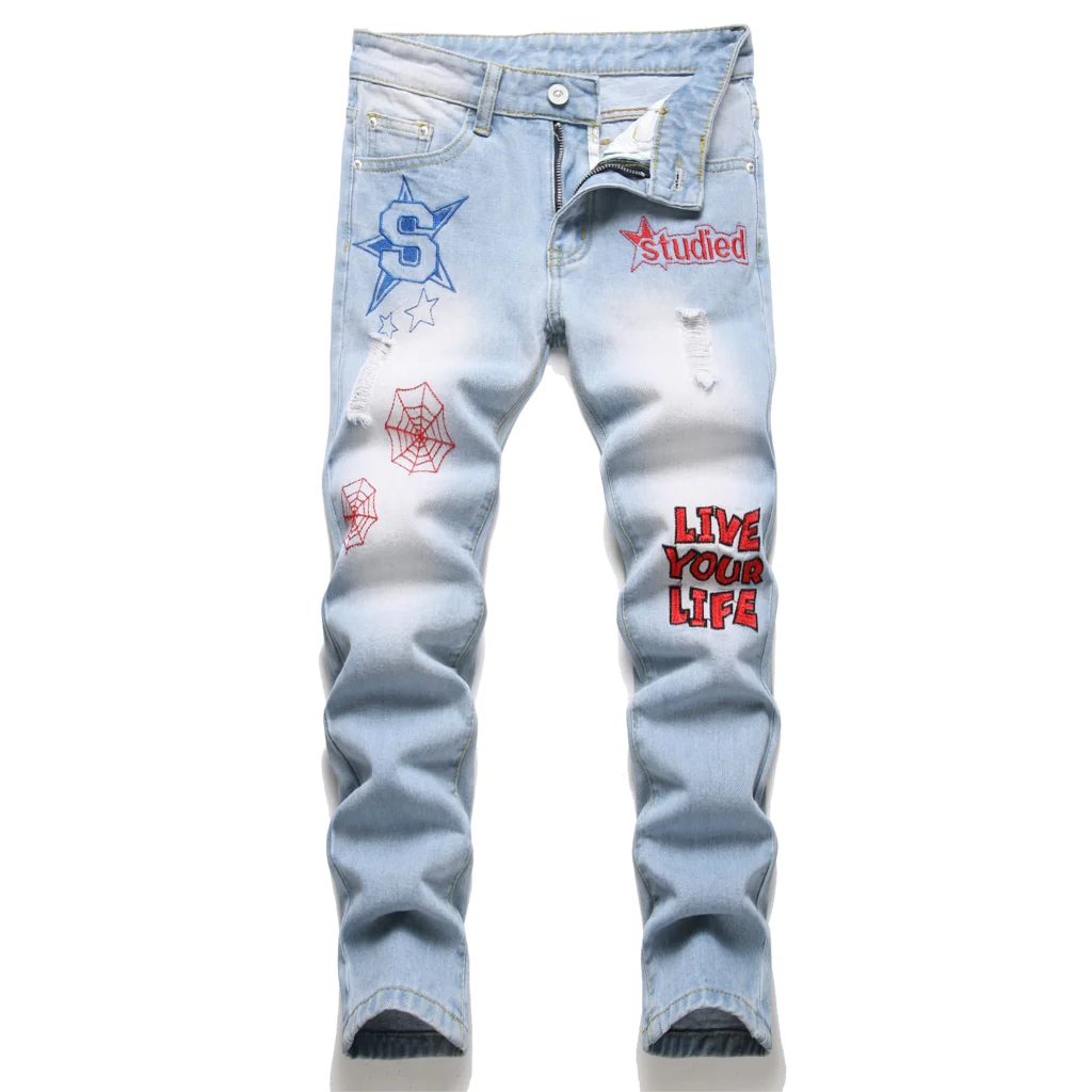 

Boys' Light Blue Straight-leg Ripped Jeans Children Washed Non-stretch Denim Trousers Big Kids Casual Pants 6-16y