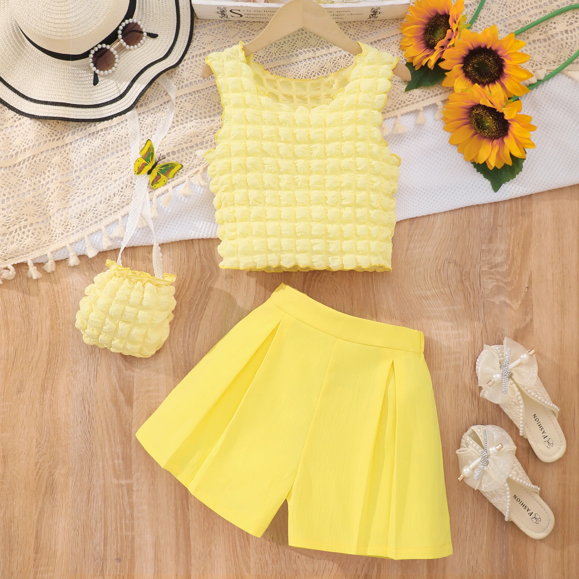 3 Pcs Set Teen Girls Clothes Summer Sleeveless Top+Short+Bag 8 9 10 11 12 Years Old Bubble Fabric Kids Girl Suit Children Outfit