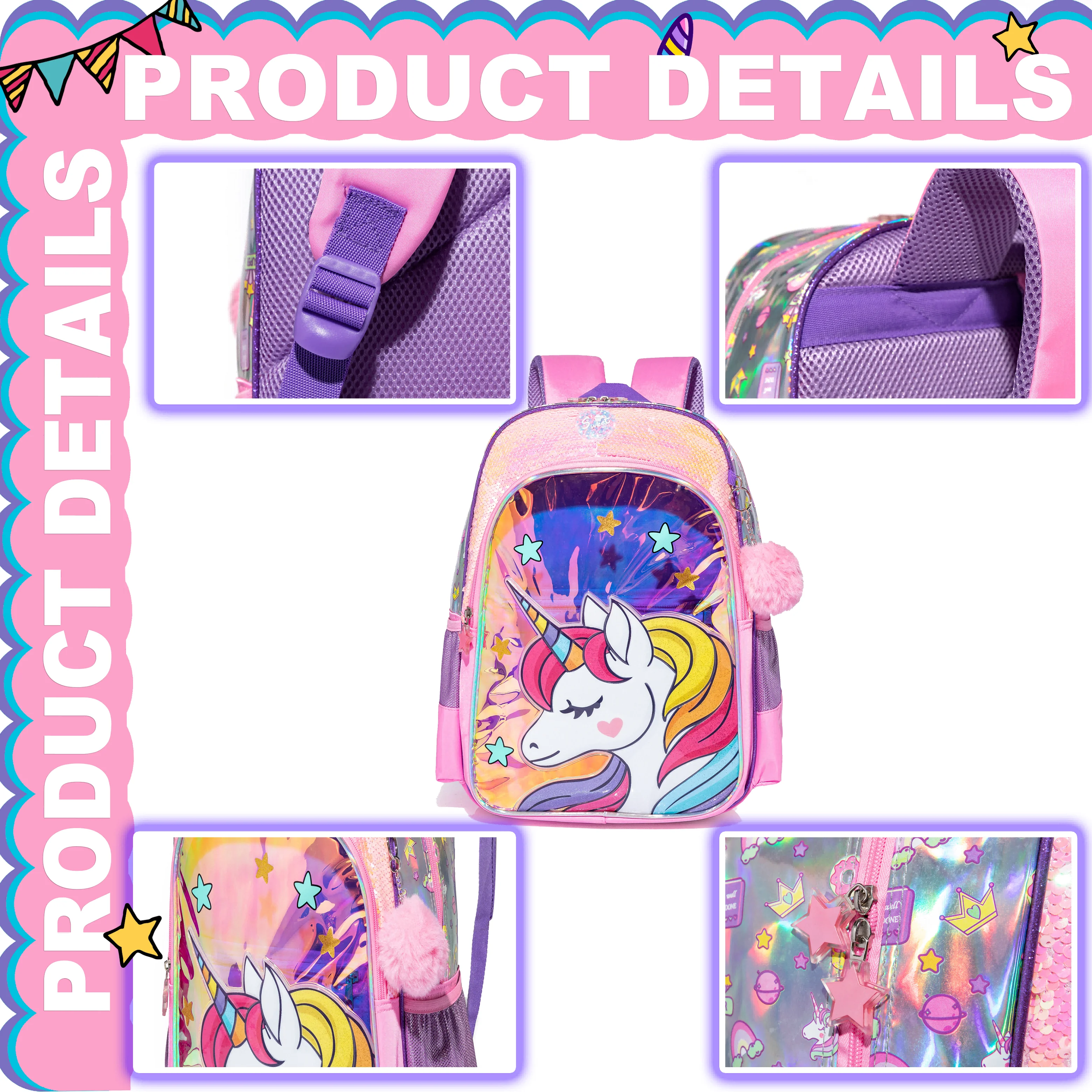 Unicorn School Backpacks for Girls Backpack with Lunch Bag Pencil Case Elementary Primary Backpack for Teen Girls