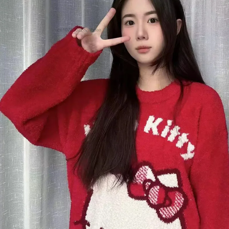 Sanrio Hello Kitty Jacquard Red Knitted Pullovers For Female Round Neck Kawaii Anime Harajuku Knitwear Clothes 2000s Tops Women