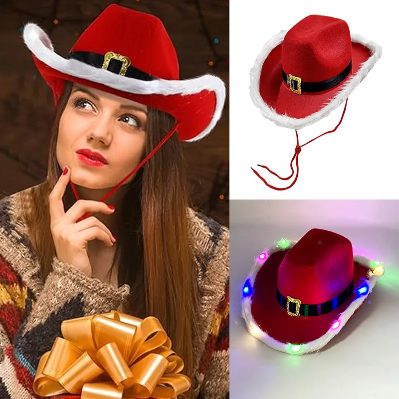 Wide Brim Cowgirl Hat Christmas Party Cowboy Hat Western Red Felt Cap Xmas Party Deco