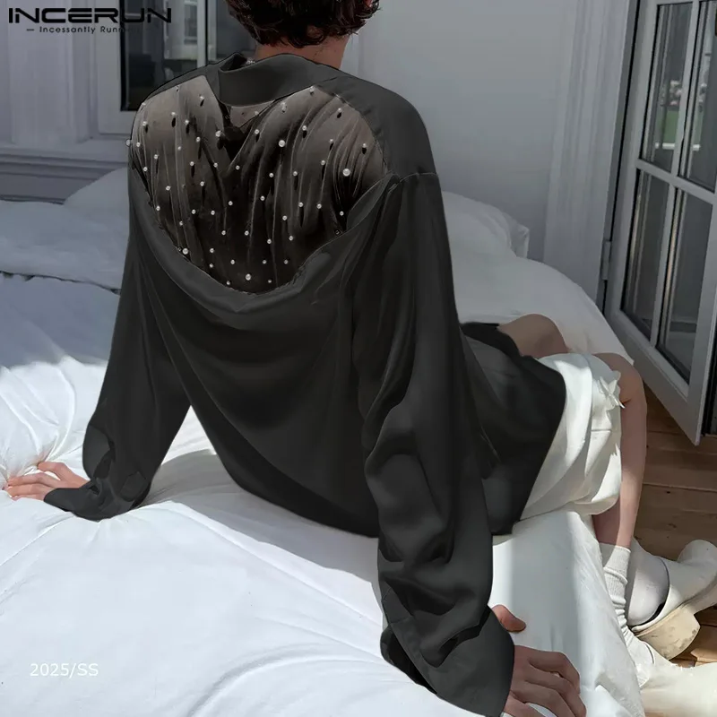 

INCERUN Men Shirt Patchwork See Through Lapel Long Sleeve Loose Men Clothing Streetwear 2025 Fashion Casual Male Shirts S-5XL