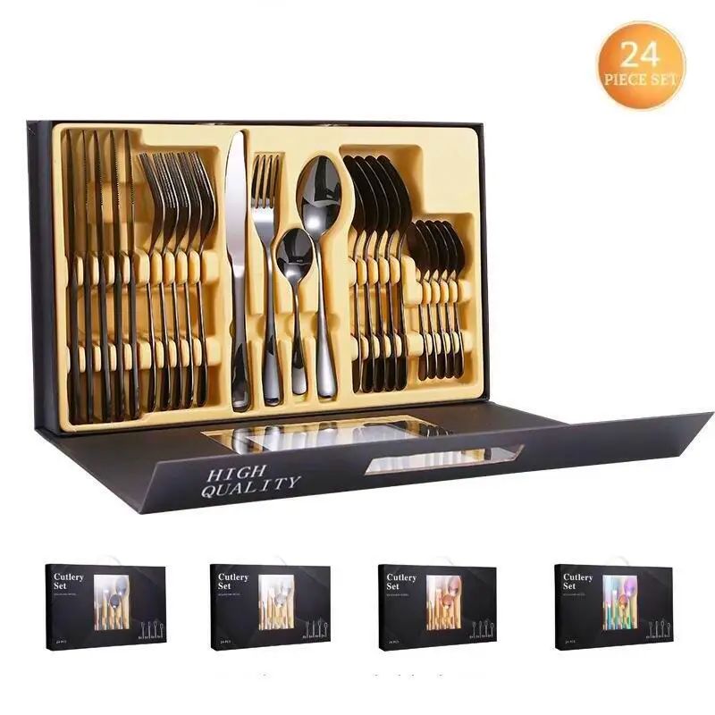 24PCS Gift-Pack Cutlery Tableware Set Black Golden Spoon Fork Dinnerware Kitchen Gadget Sets Stainless Steel Portable Utensils