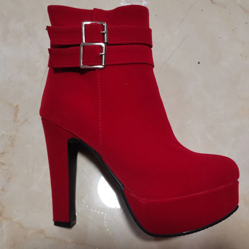Fashion Women\'s Ankle Boots Winter Autumn Shoes Platform Boots Ladies Black Red Flock Buckle Short Shoes Woman Big Large Size 48