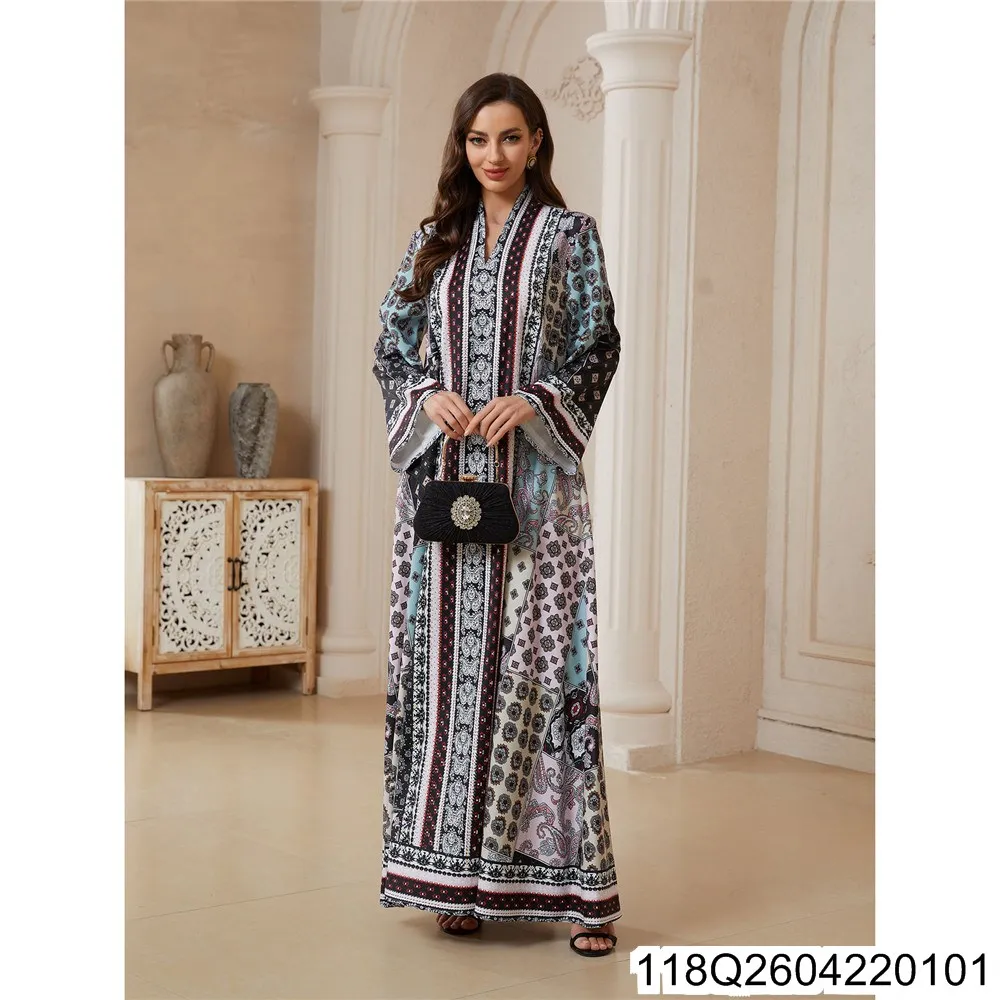 2026 New Dress: Ethnic Style V-neck Long-sleeved Printed Long Dress, Loose and Large Swing Women's Clothing Pattern 118Q26042201