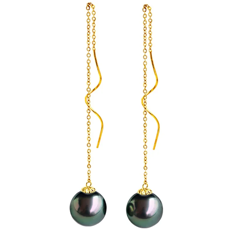 

Wedding 18k Gold Earring For Women,Beautiful Perfect Round Black Tahiti Pearl Earring Fine Jewelry Annivesary Gift