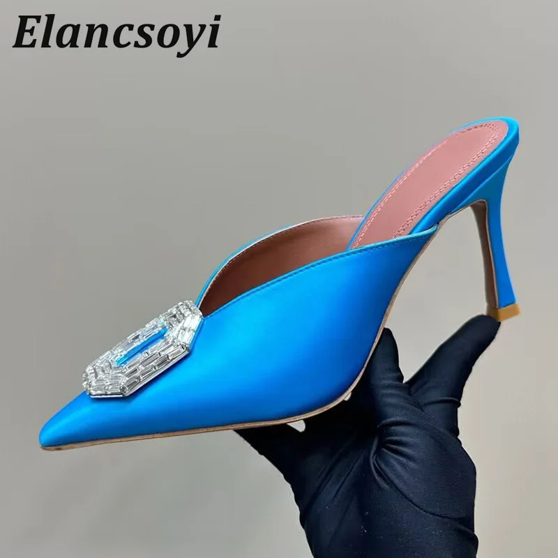 

Spring Autumn Pointed Silk Satin Shallow Mouth High-Heel Slippers Women Shiny Crystal Thin Heel Sandals Vacation Lazy Mules