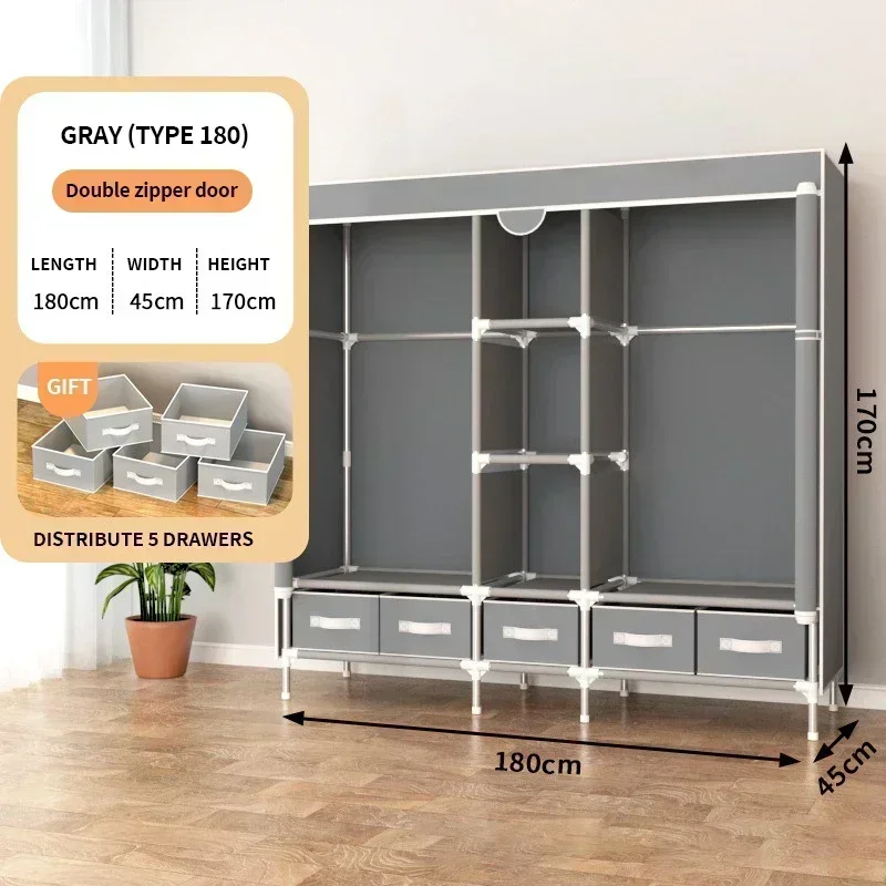 Wardrobe, Reinforced and thickened 19mm steel pipe simple closet, large-sized moisture-proof and dustproof,with 5 storage boxes