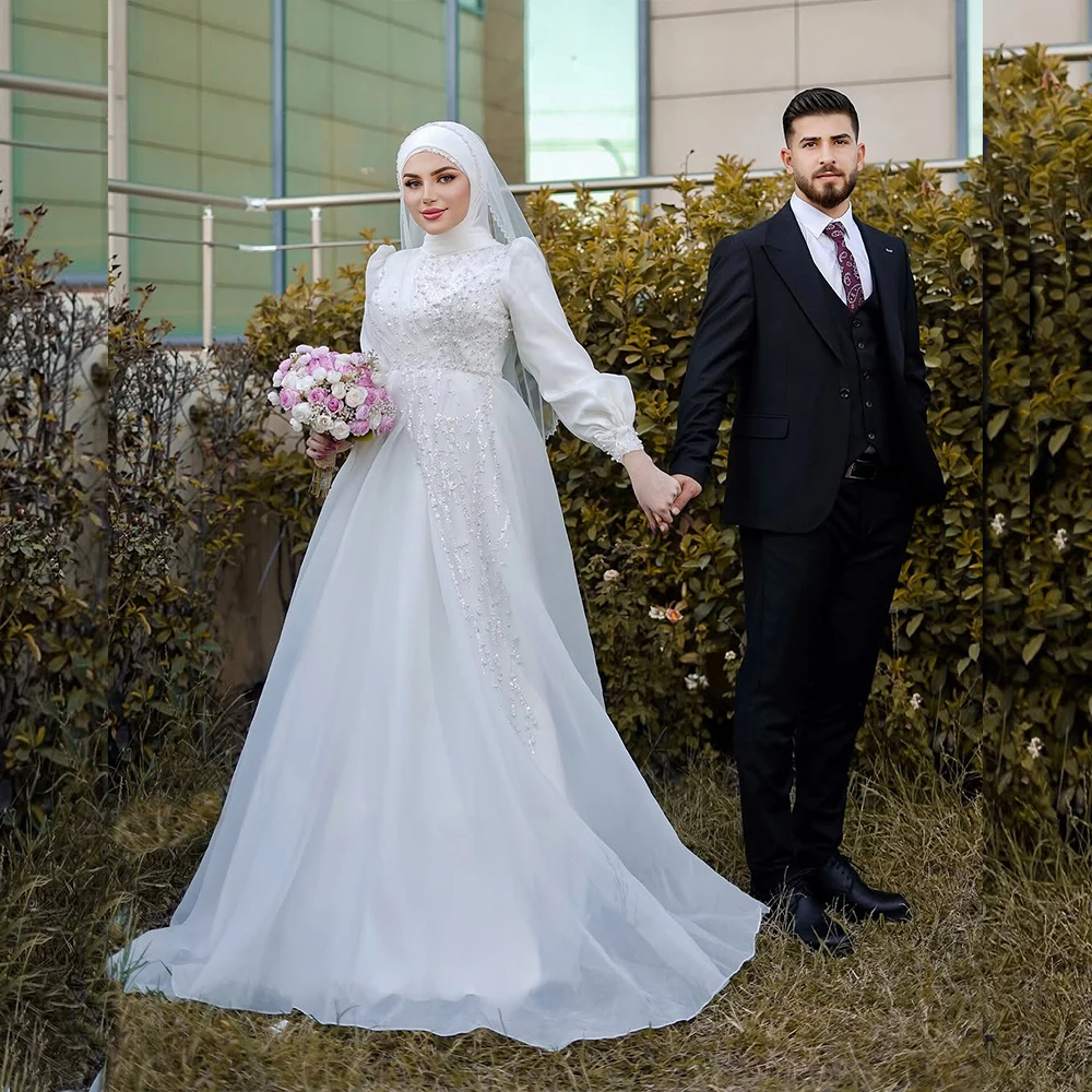 

Muslim Fairy Wedding Dresses High Neck Long Sleeve Beading Sequined A Line Garden Bride Bridal Gown Customized Vestidos De Novia
