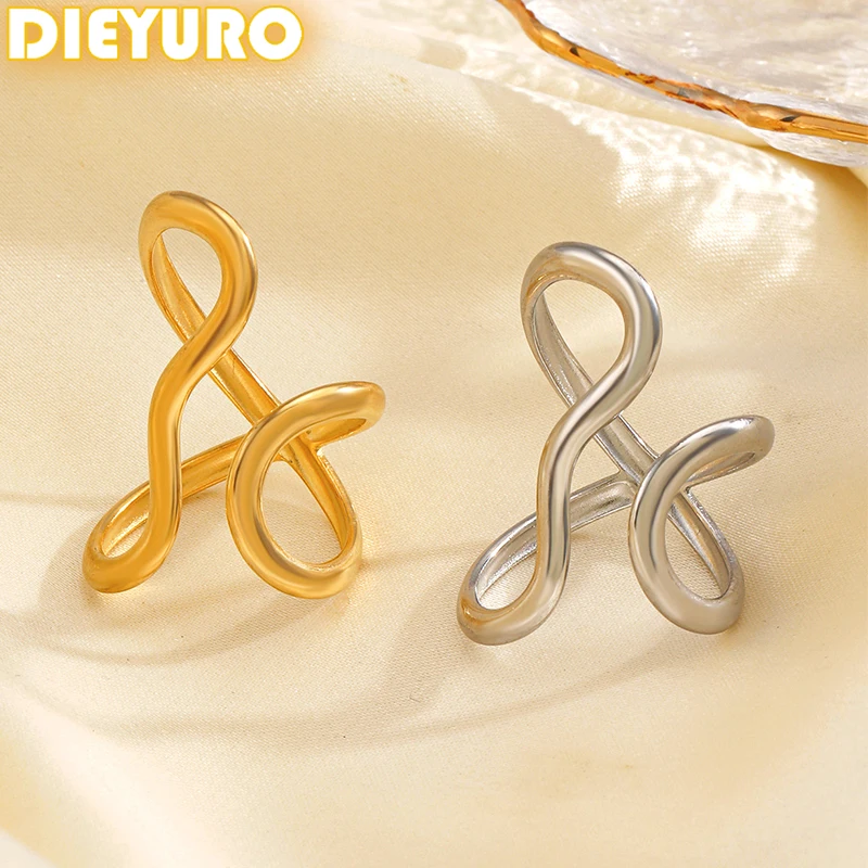 DIEYURO 316L الفولاذ المقاوم للصدأ الذهبي الحد الأدنى مع خطوط متقاطعة حلقة مفتوحة المرأة الجديدة رائجة البيع خاتم هدية براقة