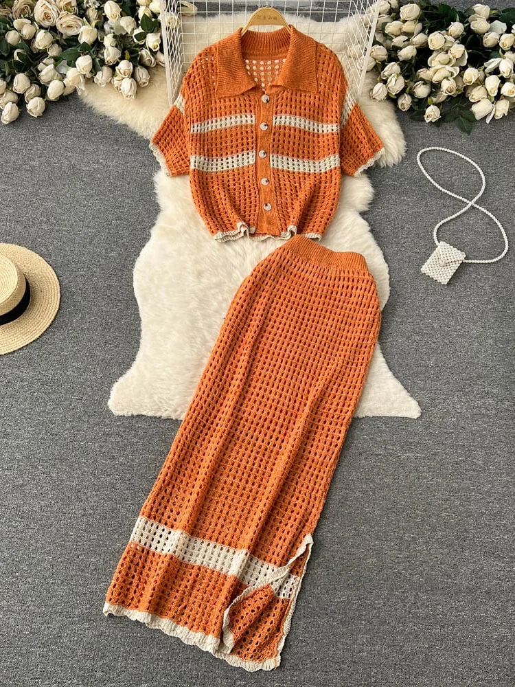 Korean Spring Summer Vacation Style Knitted Twi Piece Set Women Chic Hollow out Sweater Cardigan +Long Maxi Skirt Sets