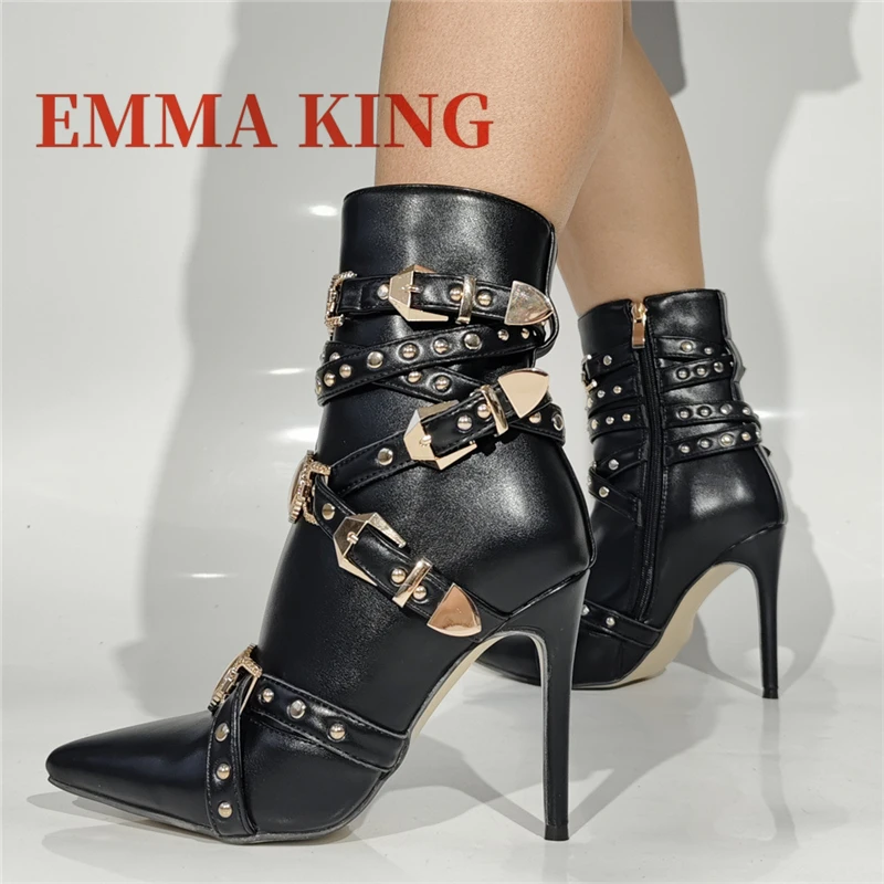 برشام حزام مشبك حذاء من الجلد مثير أشار تو الخنجر الكعوب أحذية بوت قصيرة الجانب سستة مثير عرض مأدبة الحفلات أحذية نسائية 47