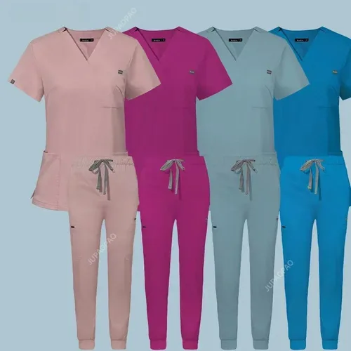 Uniforme Multicolor de manga corta para mujer, Tops y pantalones, uniforme de enfermería, tienda de mascotas, médico, cirugía, ropa de trabajo, conjunto exfoliante