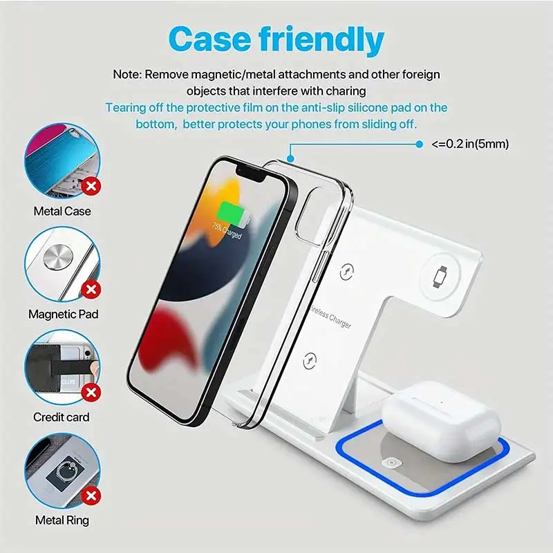 3-in-1 Fast Wireless Charger Stand For iPhone 15 14 13 12 11 Foldable Charging Station for Apple Watch 9 8 7 6 5 Airpods Pro