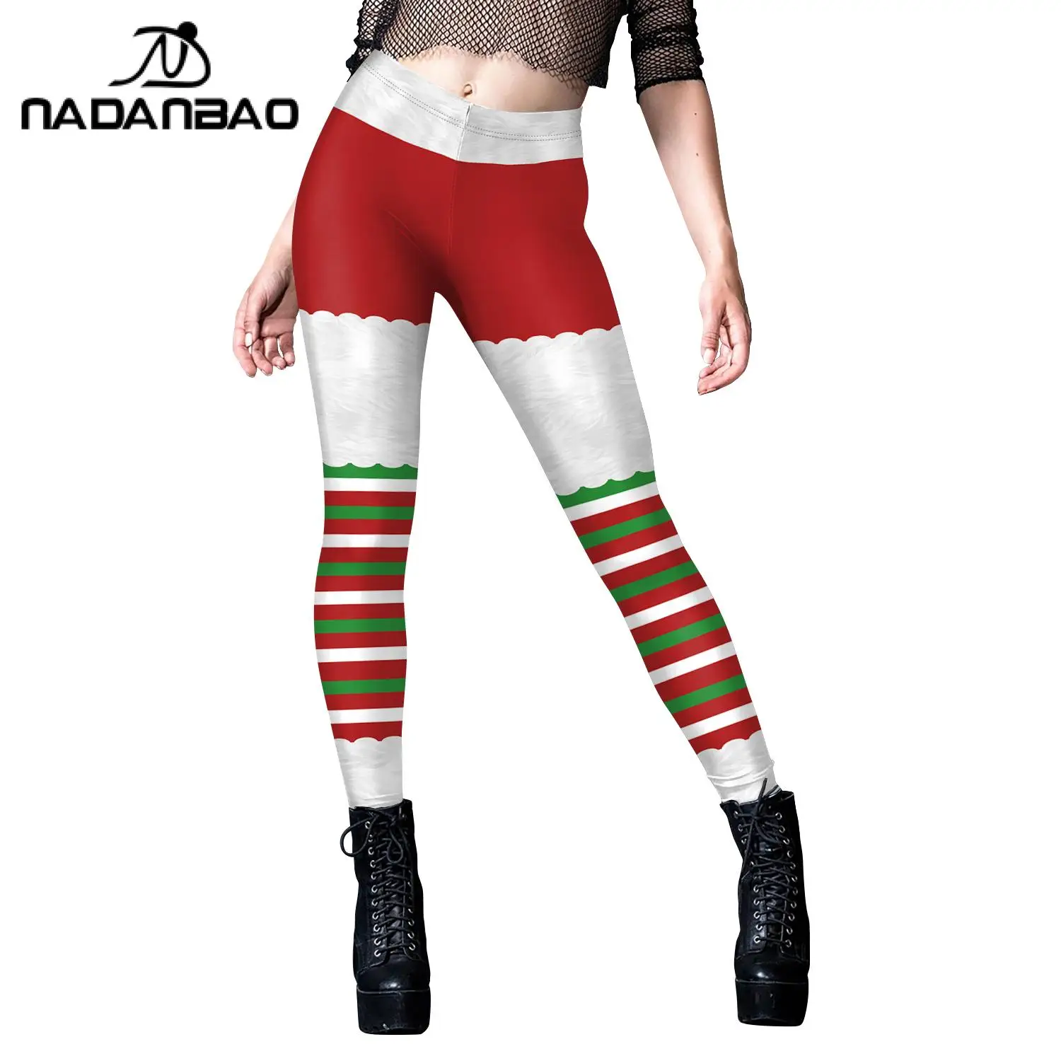 NADANBAO Santa Claus Christmas Leggings Women Xmas Tights Stripe Print Pants Elastic Fitness Workout Trousers Lady Party Clothes