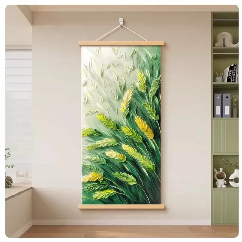 Wall Art Golden Wheat Stalks and Pale Meadow Modern Minimalist Pearlescent Canvas Hanging Scroll with Wooden Rods for Entryway
