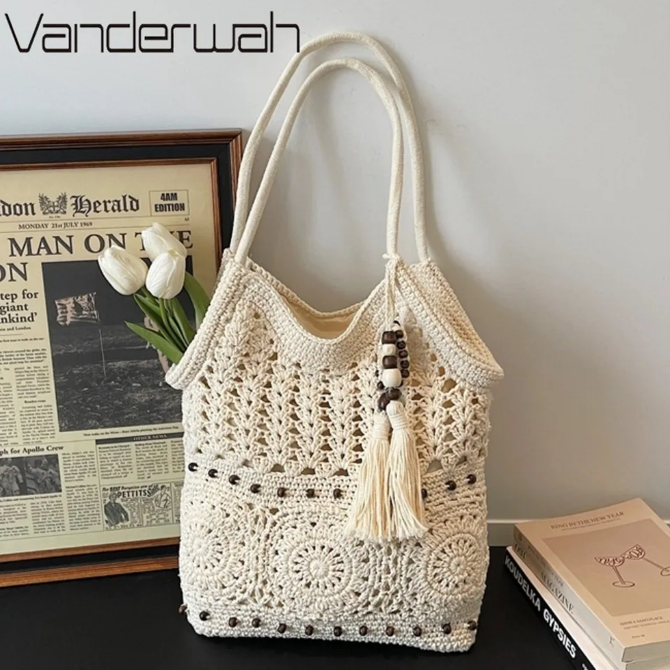 

Fashion Tote Shoulder Bag for Women White Openwork Knit Purse with Bead Fringe Charm Boho Beach Bag Summer Style