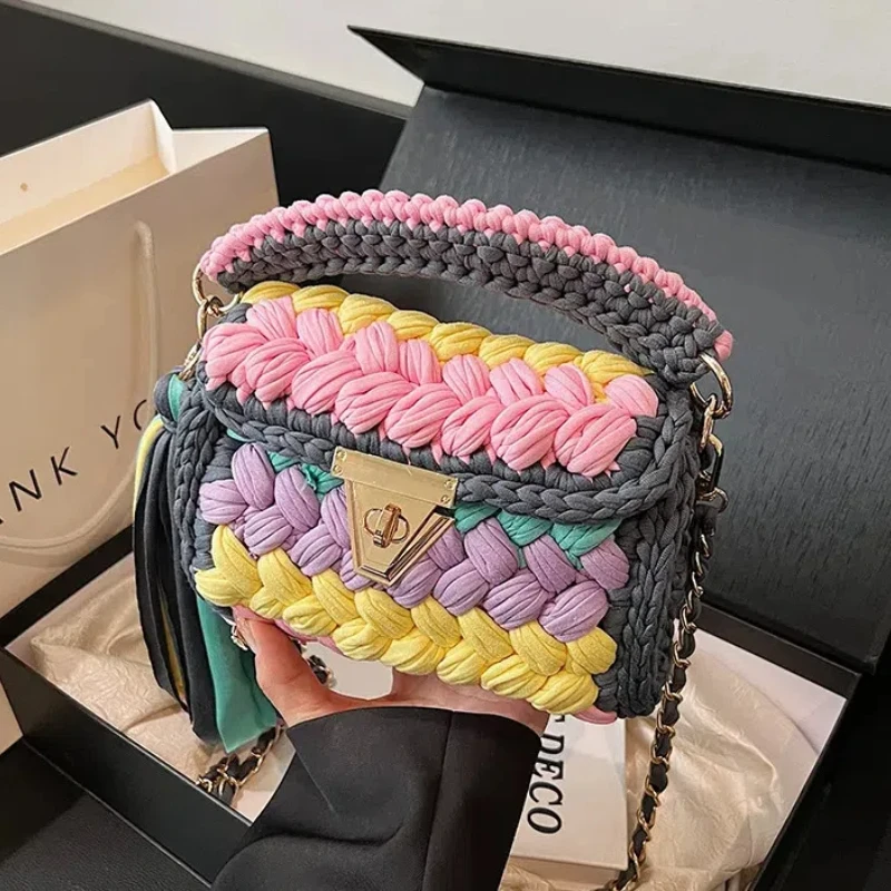 Fashionable Woven Bags for Women 2024 New Chain Small Square Handbag High Quality Casual National Cute Tassel Shoulder Bag Woman