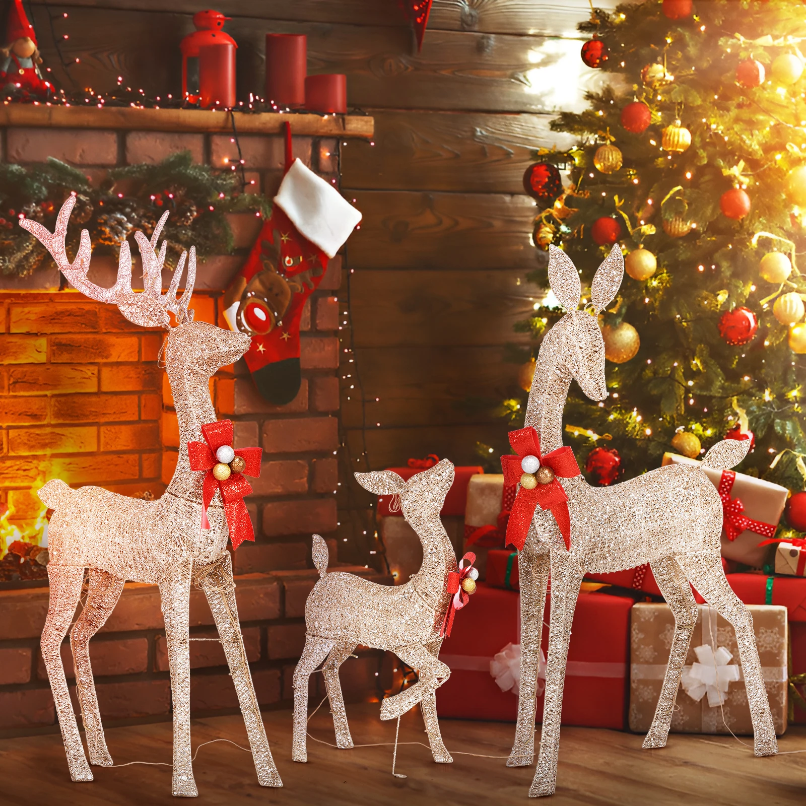 3-Pcs Large Lighted Christmas Deer Family Set Outdoor Yard Decoration with 210 LED Lights