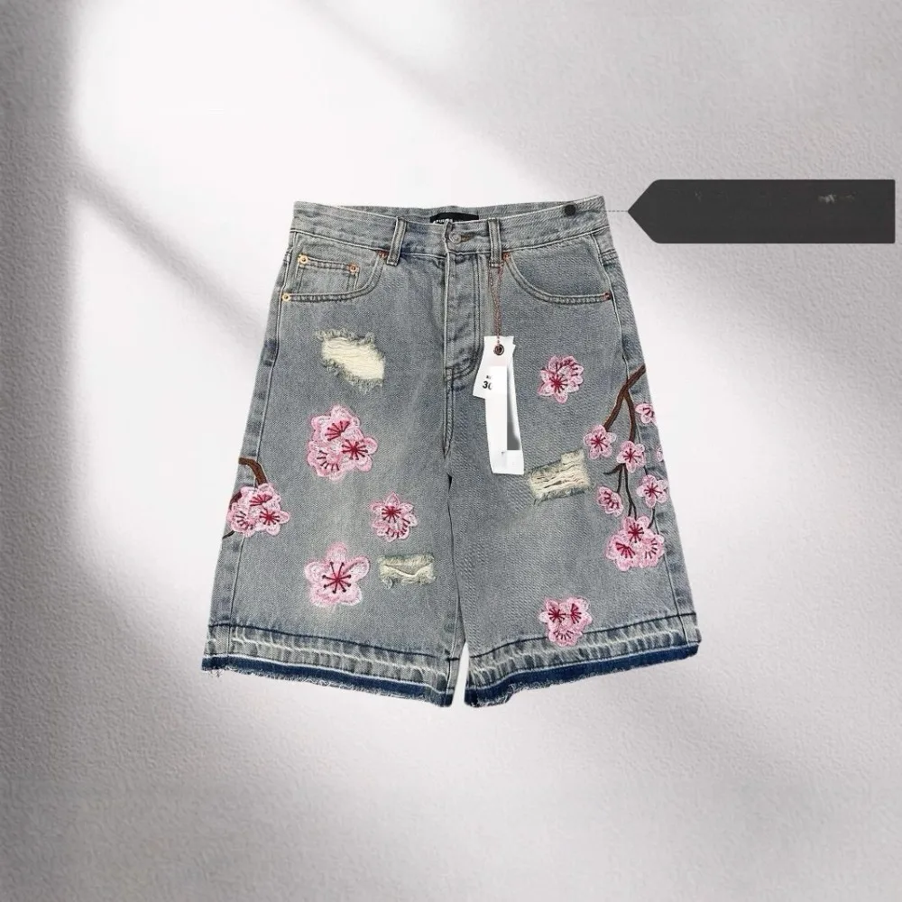 

Vintage Cherry Blossom Denim Shorts Y2K Gothic Hip Hop Cherry Blossom Flowers Embroidery Vintage Blue Baggy Jeans Casual Shorts