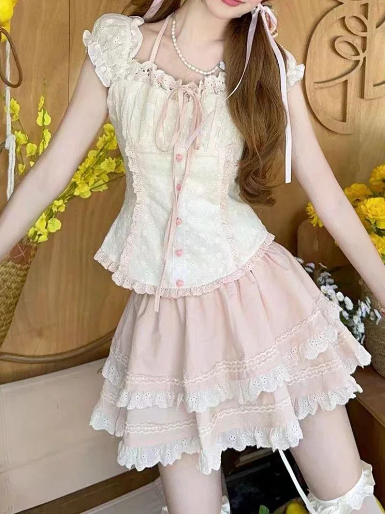 الصيف الحلو مائل الرقبة ضئيلة 2 قطعة مجموعة النساء Kawaii قبالة الكتف Y2k المحاصيل القمم + لطيف تنورة صغيرة جميلة الجنية وتتسابق جديد 2025