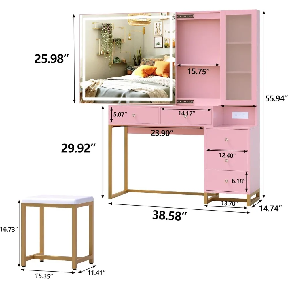 Dressing Table with Sliding Illuminated Mirror, Girls' Dressing Set with Mirror, Stool and Lamp, Ladies' Dressing Table