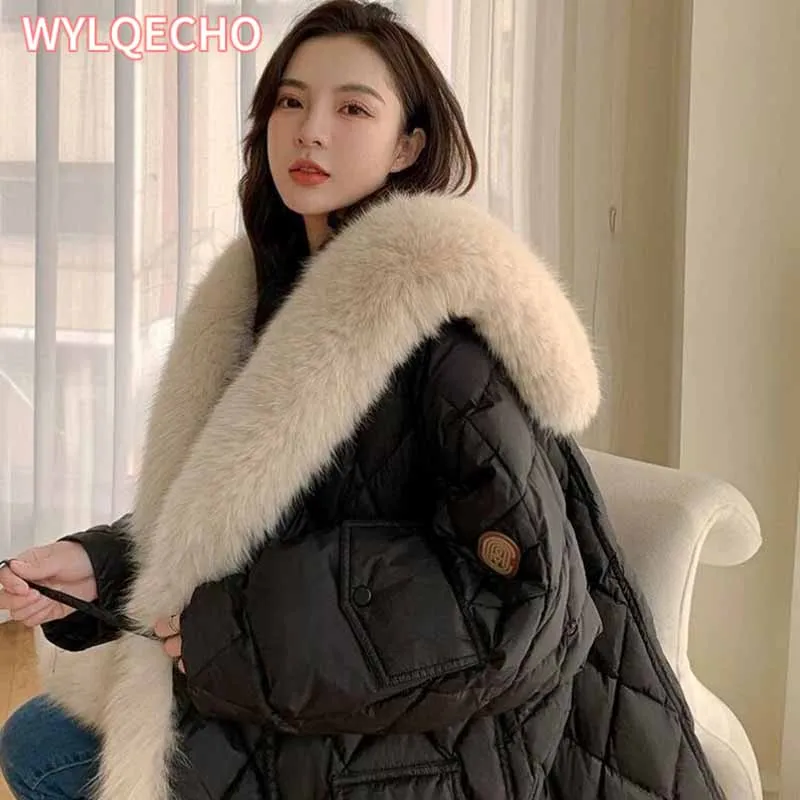 Jaqueta puffer fofa para mulheres, casaco de luxo grande, gola de pele de raposa falsa, pena solta, parka feminina, outwear de neve, à prova de vento, inverno, 2023