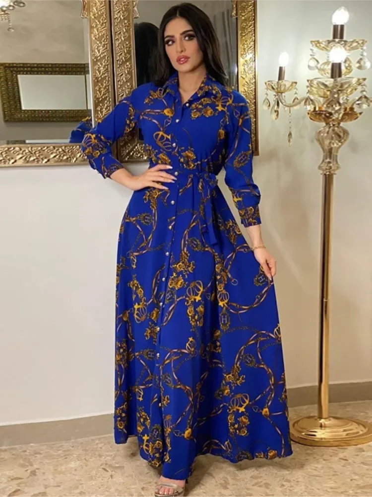 مطبوعة واحدة الصدر فستان طويل ربيع الخريف المرأة الجديدة المألوف المرأة عادية فستان بياقة القميص بأكمام طويلة