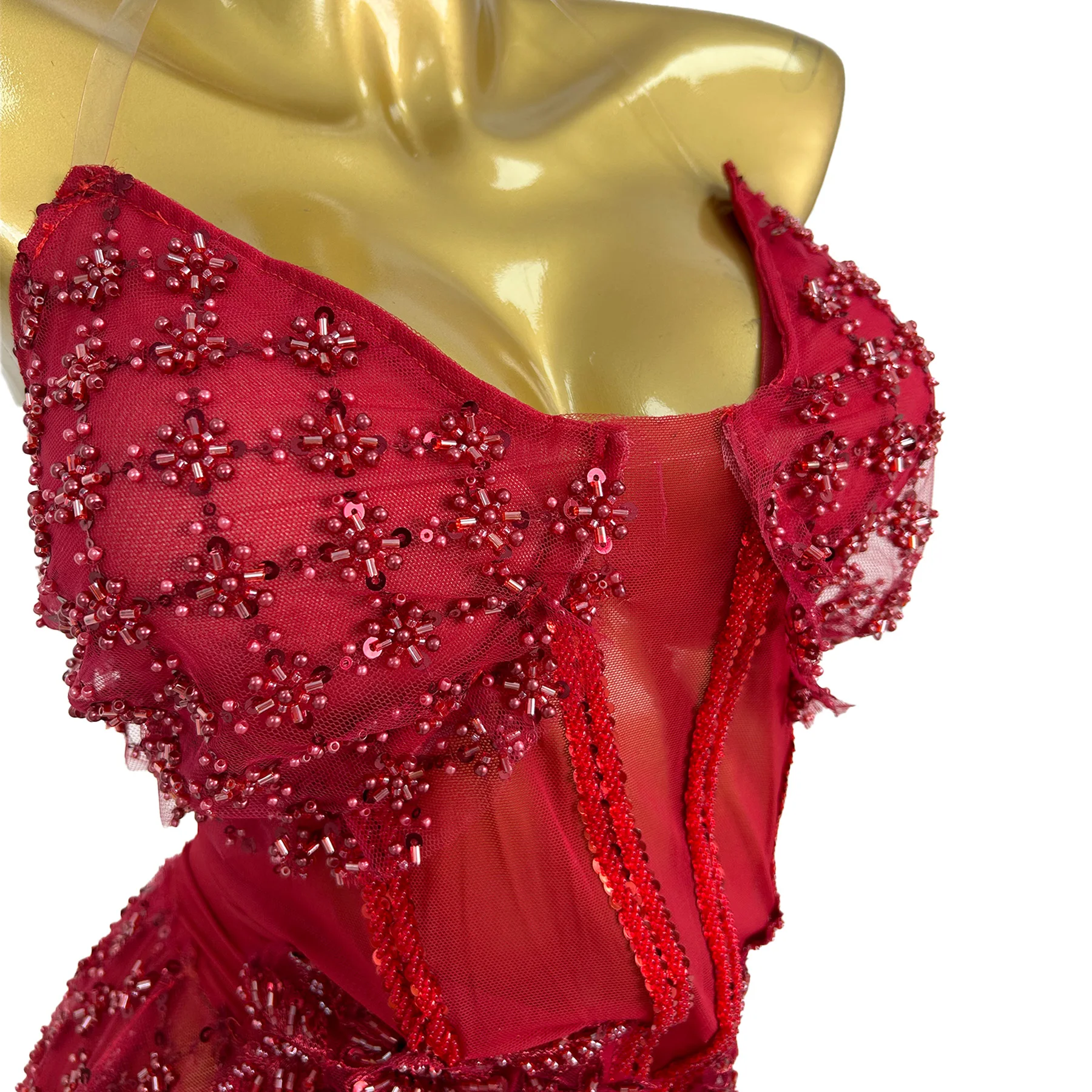 Gaoduanjinyulin Luxury Evening Dress Sparkling Red Rhinestone Sexy Mesh Strapless Irregular Dress Bar Prom Gowns Party Dress