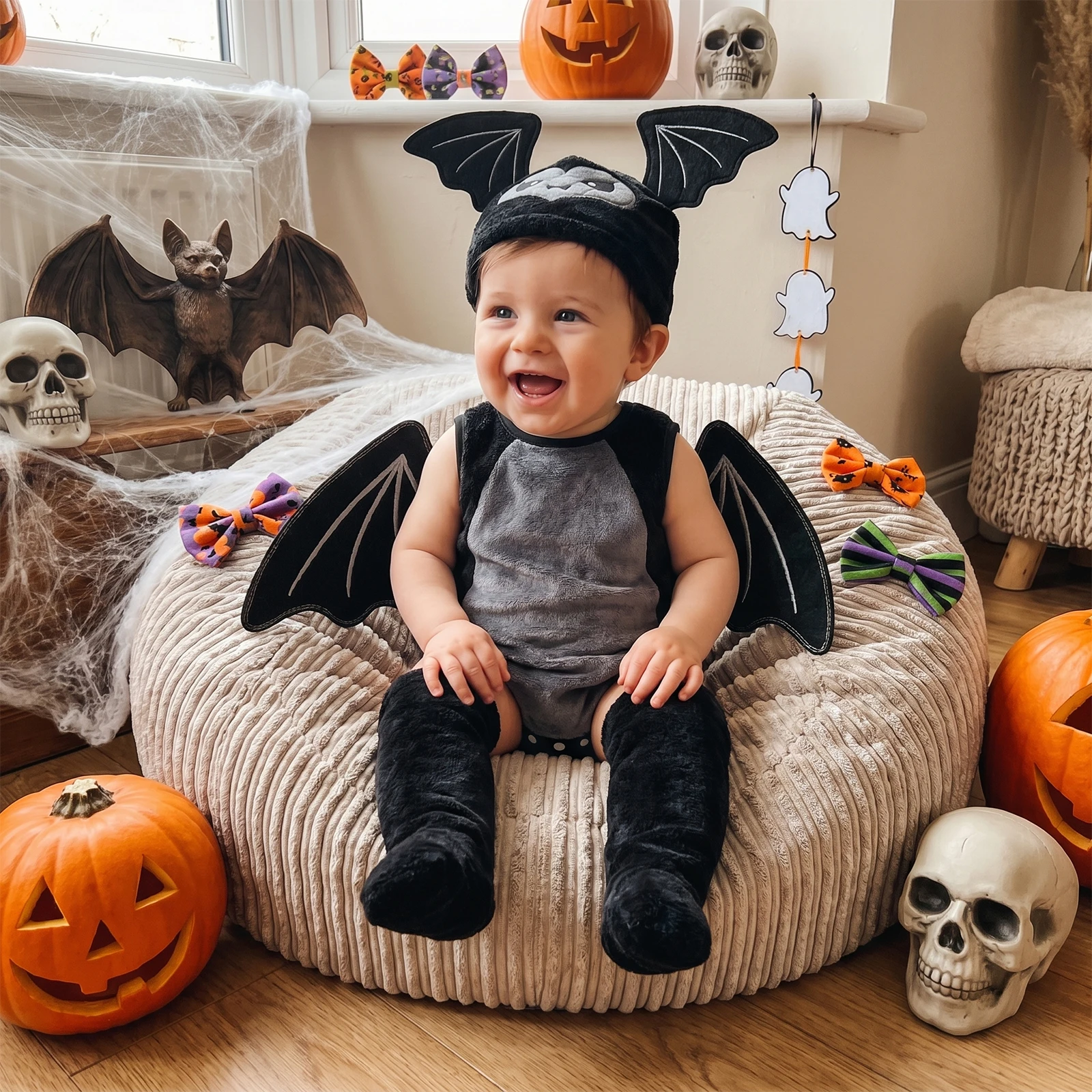 Infant Boy Halloween Bat Costume Plush Crew Neck Sleeveless Bat Wing Decor Romper Hat and Stockings Set
