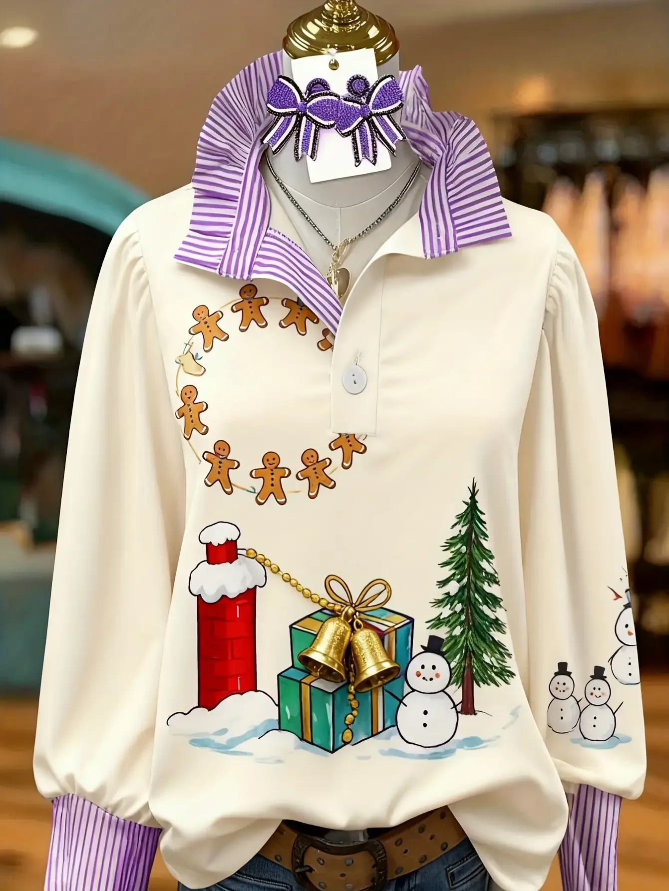 Women's striped fashionable shirt with multi-color striped collar and half button shirt pattern,Beautiful Castle Pattern