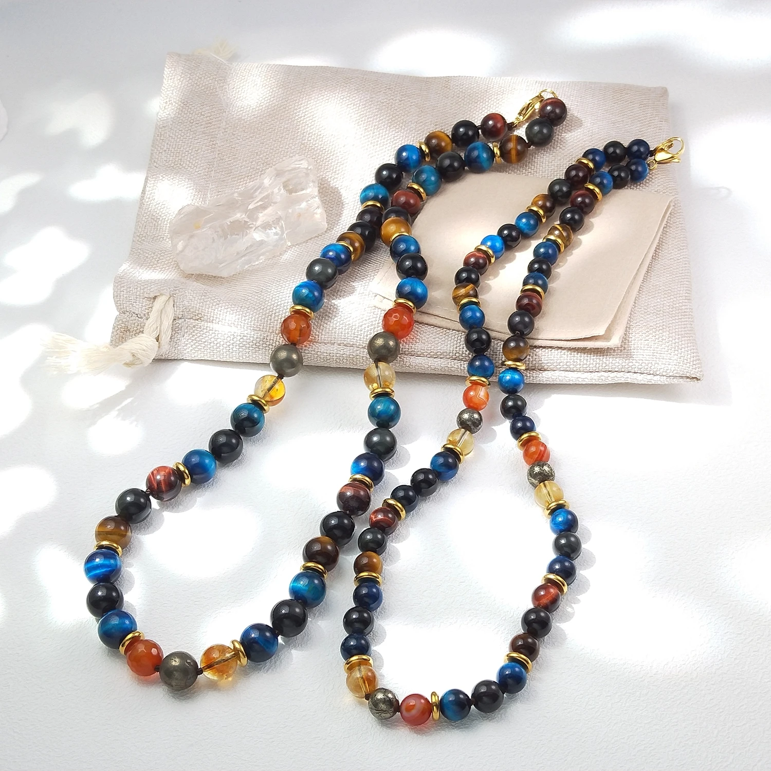 

Lii Ji 8mm/10mm Rainbow Obsidian Tiger's Eye Red Agate Citrine Stainless Steel Necklace Trendy Bohe Necklace For Male Female