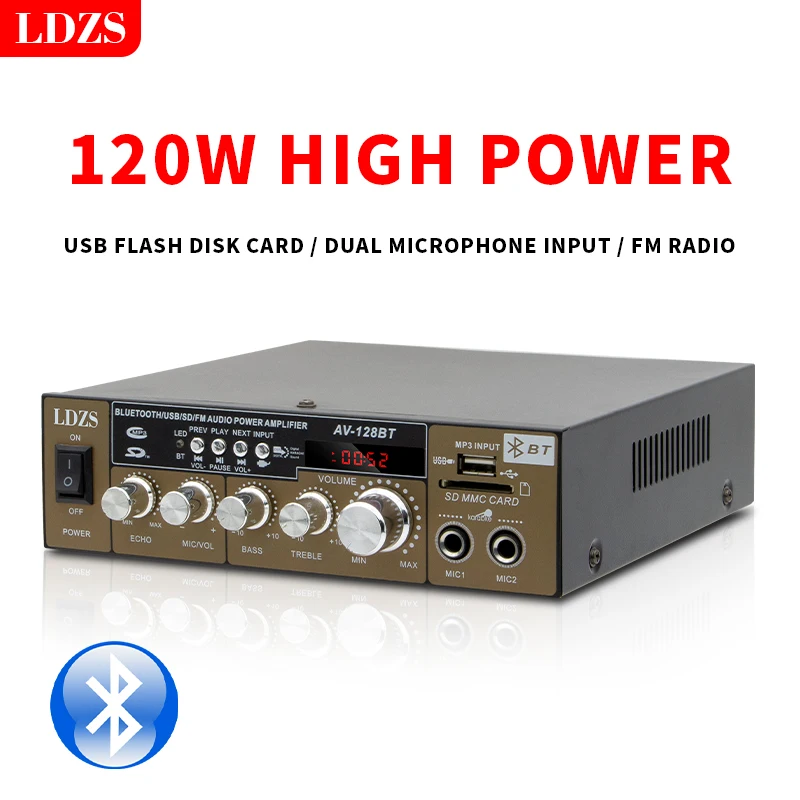 LDZS Bluetooth 2.0 sound power amplifier 120W Mini hifi Stereo Class D home amplifier audio bass treble home theater