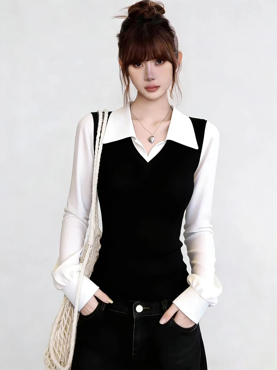 

Элегантная вязаная женская рубашка с длинным рукавом и V-образным вырезом, имитация двухслойности, модный интеллектуальный стиль, коллекция ранней весны