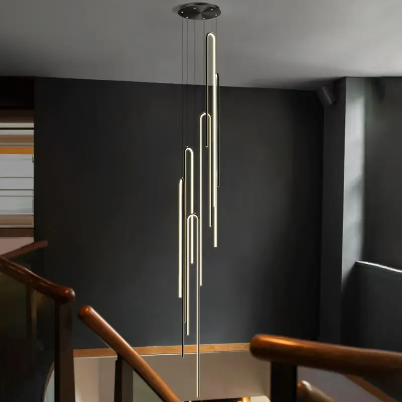 

Rotating Duplex Staircase Long LED Chandelier Creative U-shaped Designer Pendant Light Minimalist Villa Living Room Hollow Lamp
