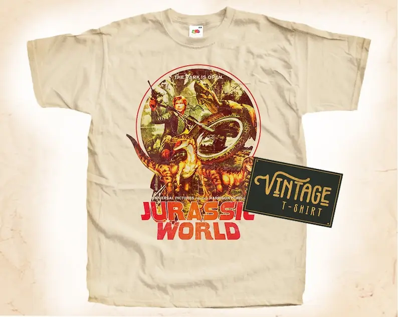 

Jurassic World T shirt Tee Natural Vintage Cotton Movie Poster Beige All Sizes